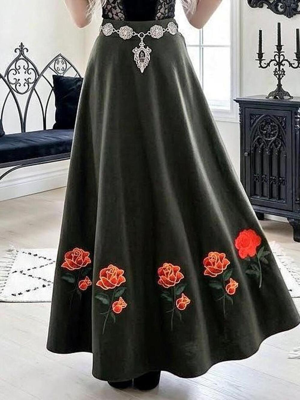 Counterparts Gothic Black and Red Embroidered A-Line Maxi Skirt Size 10